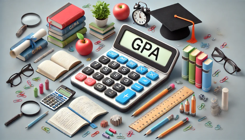 GPA калькулятор с книгами, карандашами и шапкой выпускника на современном фоне.