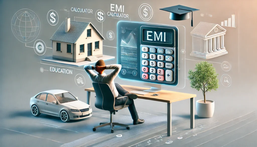 Человек за рабочим столом использует калькулятор EMI для планирования финансов на покупку дома, автомобиля и образования.