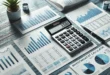 Calculadora de inversiones sobre un fondo de gráficos y estados financieros.