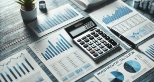Investment calculator against a backdrop of charts and financial statements.