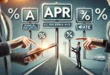 Визуализация годовой процентной ставки (APR) с использованием планшетов, знаков и процентных символов для финансового анализа.