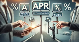 Annual Percentage Rate (APR) visualization using tablets, signs, and interest rate symbols for financial analysis.