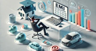 A man at a computer uses an EMI calculator to plan the purchase of a house, car and savings.