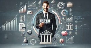 Financial analyst with bank bill and symbols, charts and calculators reflecting financial planning and growth.