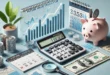 Calculadora de costes futuros con gráficos, dinero y una hucha para la planificación financiera.