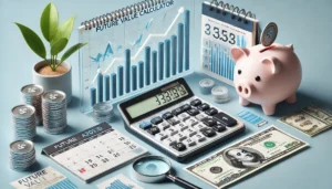 Future cost calculator with charts, money and piggy bank for financial planning.