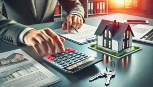 Человек использует калькулятор для расчета ипотечного кредита FHA рядом с моделью дома.