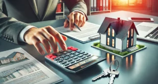 A person uses a calculator to calculate an FHA mortgage loan next to a model home.
