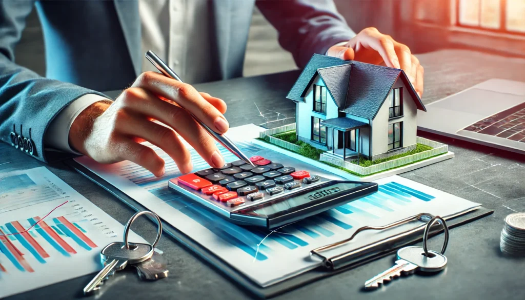 A person uses a mortgage calculator next to a model home.
