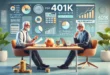 Два мужчины обсуждают 401К планирование пенсии с использованием финансовых графиков и данных.