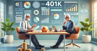 Two men discuss 401K retirement planning using financial graphs and data.