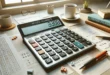 Una calculadora para cálculos de fracciones mixtas sobre un escritorio con papeles, libros y una taza de café.