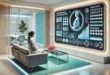 A woman in a modern clinic uses a pregnancy calculator with 3D visualization.
