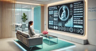 A woman in a modern clinic uses a pregnancy calculator with 3D visualization.