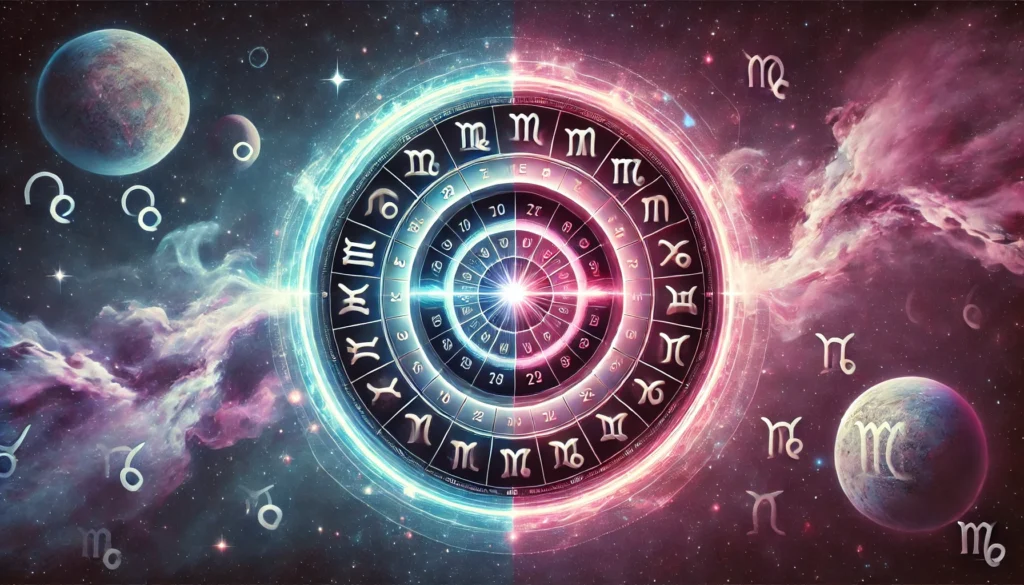 Círculo del zodíaco con símbolos de los signos del zodíaco sobre un fondo de espacio, reflejando principios astrológicos.