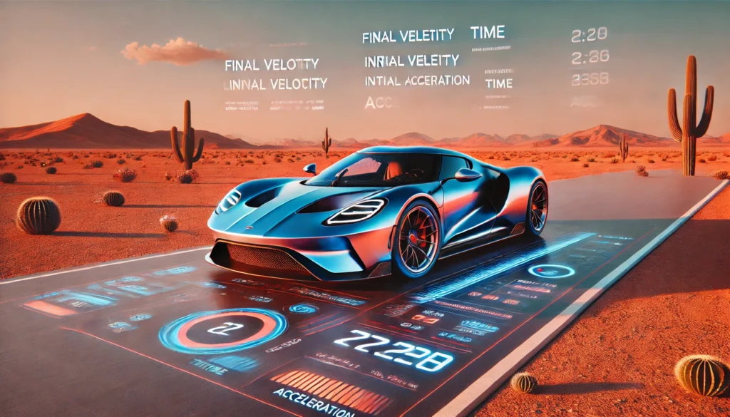 Спортивный автомобиль на гоночной трассе с цифровым интерфейсом данных о скорости в пустыне.