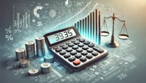 Калькулятор, монеты и весы на фоне графиков и процентов, символизирующие финансовые расчеты и экономическое равновесие.