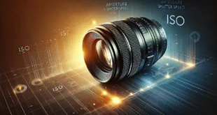 Фотографический объектив крупным планом с акцентом на ISO, диафрагму и выдержку, иллюстрирующий настройки камеры.