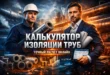 Обложка калькулятора изоляции труб: монтажник с цилиндром изоляции и инженер с планшетом стоят на фоне промышленного трубопровода. На изображении видны изолированные трубы, расчётные показатели и название инструмента.