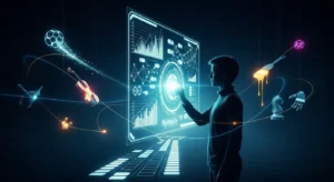 Анализ успеваемости в секциях и кружках Анализ успеваемости ребенка: мальчик визуализирует прогресс в спорте и искусстве с помощью интерфейса с данными и графиками.