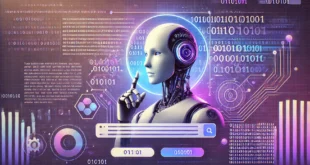 Иллюстрация искусственного интеллекта, анализирующего двоичный код, представляющая технологии и машинное обучение.