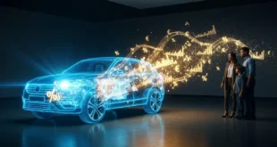 Семья анализирует скрытые расходы на автомобиль, визуализированные в виде голограммы и потоков финансовых данных.