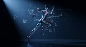 Футуристический атлет в окружении голограмм с анализом физиологических данных: VO2max, ЧСС и ДНК для спортивной науки.