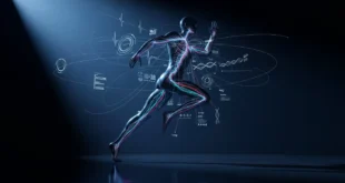 Футуристический атлет в окружении голограмм с анализом физиологических данных: VO2max, ЧСС и ДНК для спортивной науки.