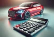 Красный автомобиль с крупным калькулятором на переднем плане, символизирующий расчёт автокредита.