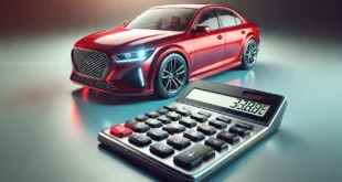Красный автомобиль с крупным калькулятором на переднем плане, символизирующий расчёт автокредита.
