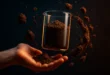 Колба с почвой и парящими частицами над рукой на тёмном фоне