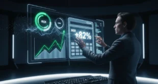 Аналитик повышает ROI совещаний до +82% с помощью калькулятора эффективности на футуристическом голографическом интерфейсе.