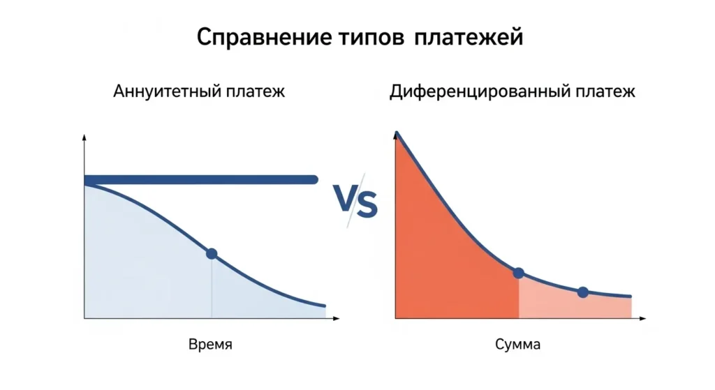 Инфографика, наглядно сравнивающая два типа платежа. Для аннуитета — ровная линия платежа и плавно убывающий долг. Для дифференцированного — круто падающая линия платежа и линейно убывающий долг.