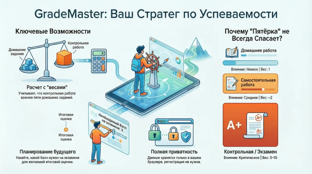 Калькулятор оценок 1 Инфографика калькулятора GradeMaster: как работает расчет среднего балла с весами, планирование оценки и защита данных.