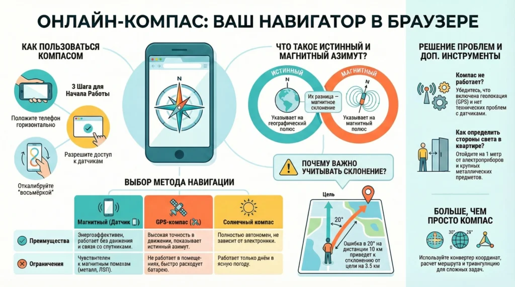 Профессиональный онлайн-компас: определение сторон света по датчику телефона 1 Инфографика: как пользоваться онлайн-компасом на телефоне, методы навигации (GPS, датчик) и отличие магнитного азимута.