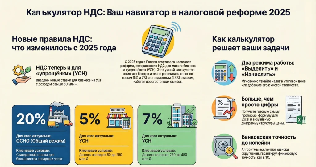 НДС из суммы 1 Инфографика новых ставок НДС 2025 для УСН и ОСНО: 5%, 7%, 20% и функции онлайн-калькулятора.