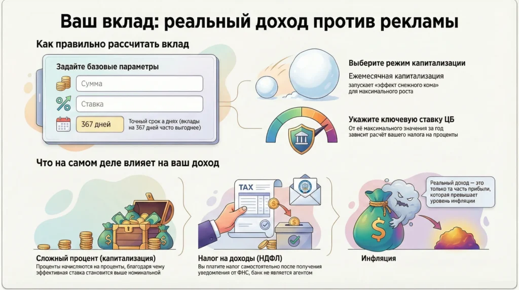 Калькулятор вкладов 1 Инфографика: расчет реального дохода по вкладу с учетом налога, инфляции и ежемесячной капитализации процентов.