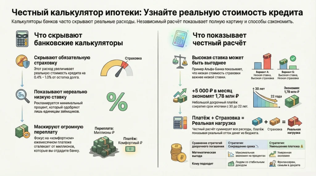 Ипотечный калькулятор 1 Инфографика: Честный расчет ипотеки против скрытых комиссий банков. Реальная ставка, страховка и выгода досрочного погашения.