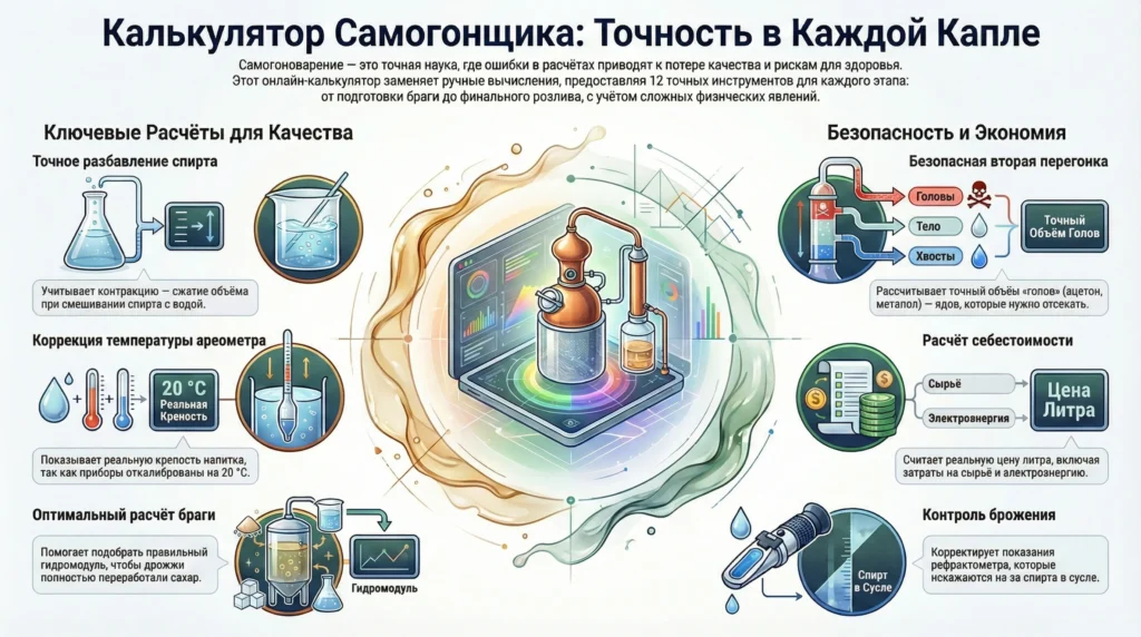 Калькулятор самогонщика 1 Инфографика калькулятора самогонщика: разбавление спирта, отбор голов, коррекция ареометра и расчет себестоимости.