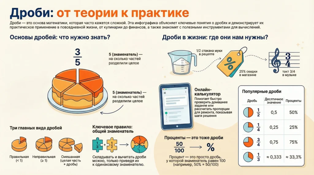 Калькулятор дробей 1 Инфографика о дробях: теория, виды дробей, числитель и знаменатель, таблица перевода и примеры использования в жизни.