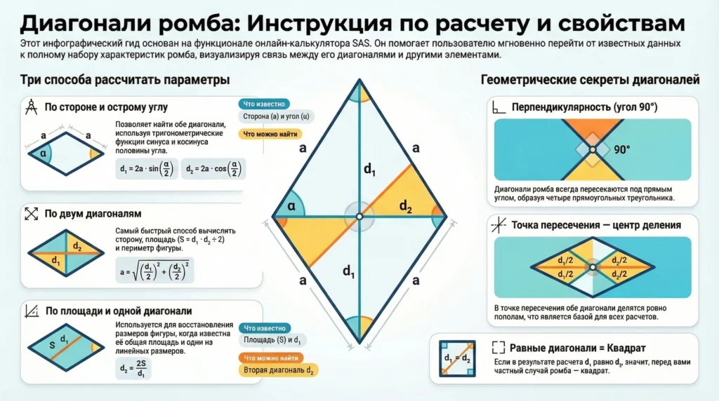 Диагональ ромба 1 Подробная инфографика: формулы расчёта и геометрические свойства диагоналей ромба. Инструкция для онлайн-калькулятора.